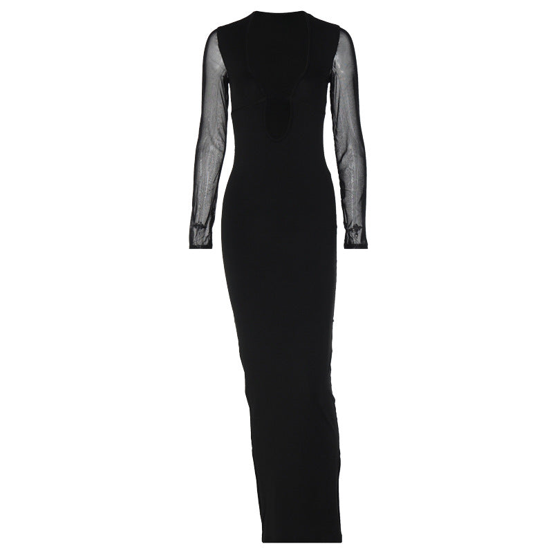 Damen elegantes Maxikleid mit tiefem V-Ausschnitt und transparenten Ärmeln Echo Archiv