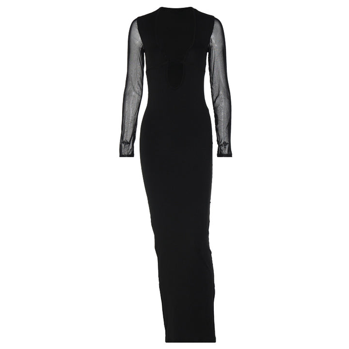 Damen elegantes Maxikleid mit tiefem V-Ausschnitt und transparenten Ärmeln Echo Archiv