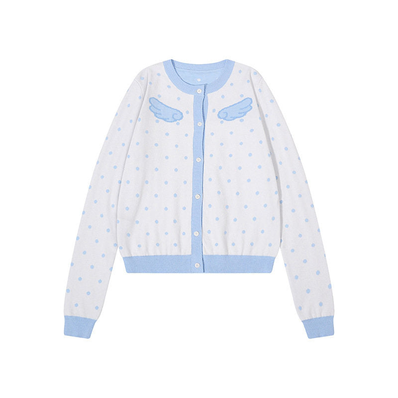 Damen Kurzgeschnittene Punkt-Strickjacke mit Engelsflügel-Motiv und Rippbündchen Echoarchiv