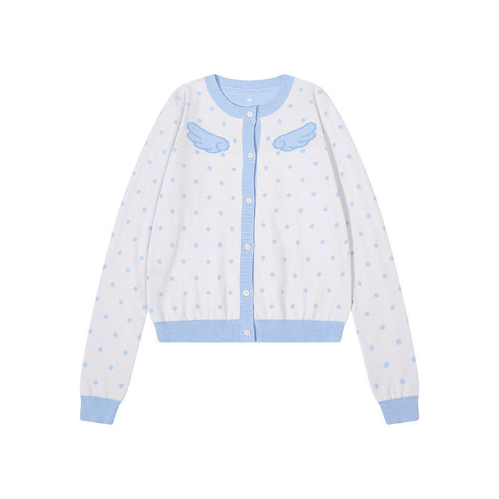 Damen Kurzgeschnittene Punkt-Strickjacke mit Engelsflügel-Motiv und Rippbündchen Echoarchiv