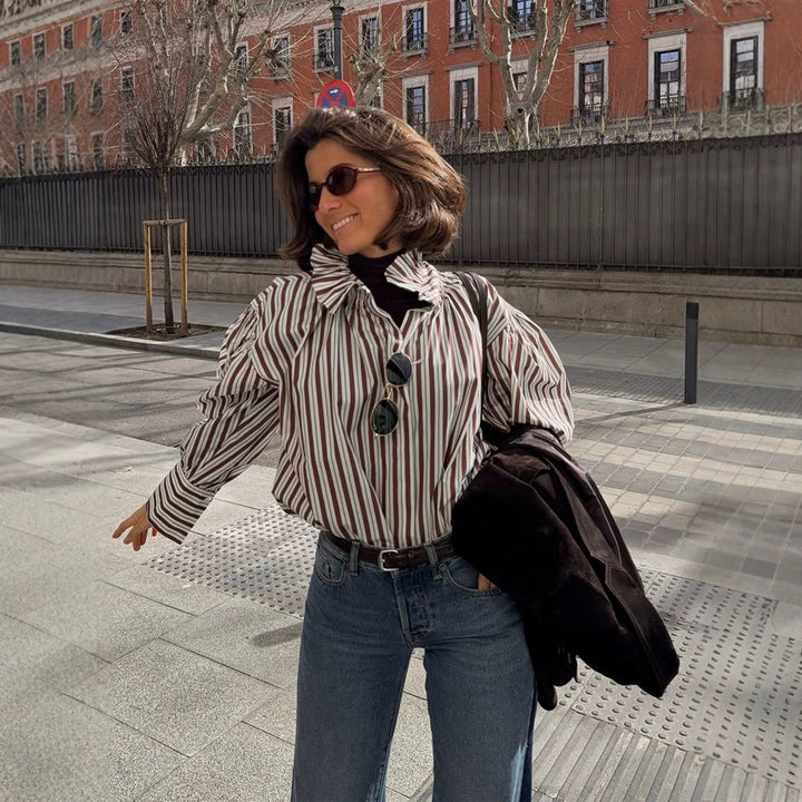 Damen Gestreifte Oversized-Bluse mit Rüschkragen & voluminösen Puffärmeln Echoarchiv