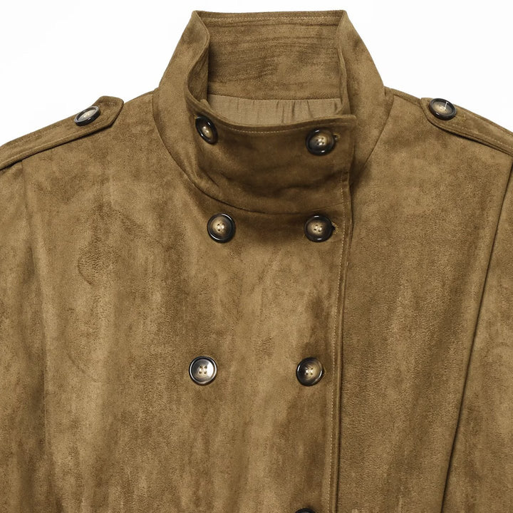Damen Kurzgeschnittene doppelreihige Wildlederoptik‑Jacke mit Stehkragen und Schulterpatten Echoarchiv