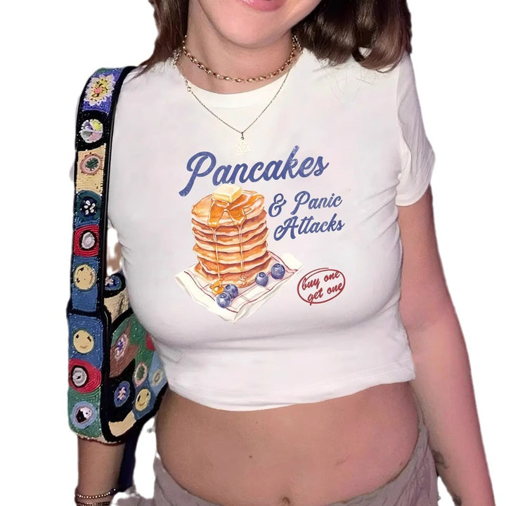 Damen Crop-T-Shirt mit humorvollem Pfannkuchen-Design Echo Archiv
