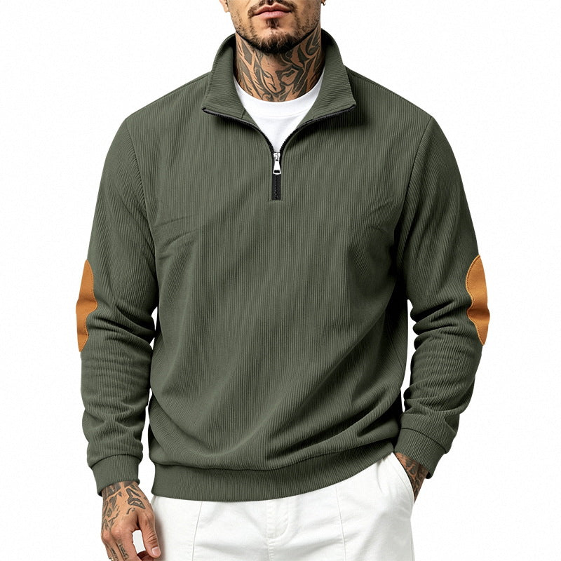 Herren nan Halbzip-Sweatshirt mit Stehkragen, feiner Waffelstruktur und Lederoptik-Ellenbogenpatchs Echo Archiv