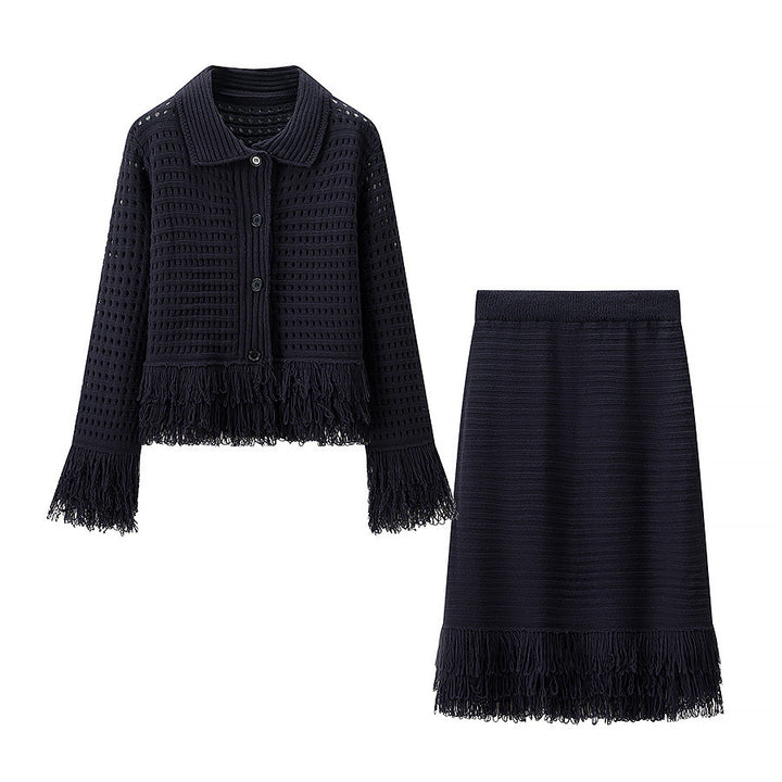 Damen Taillierte Strickjacke mit Fransenbesatz und Hemdkragen Echo Archiv