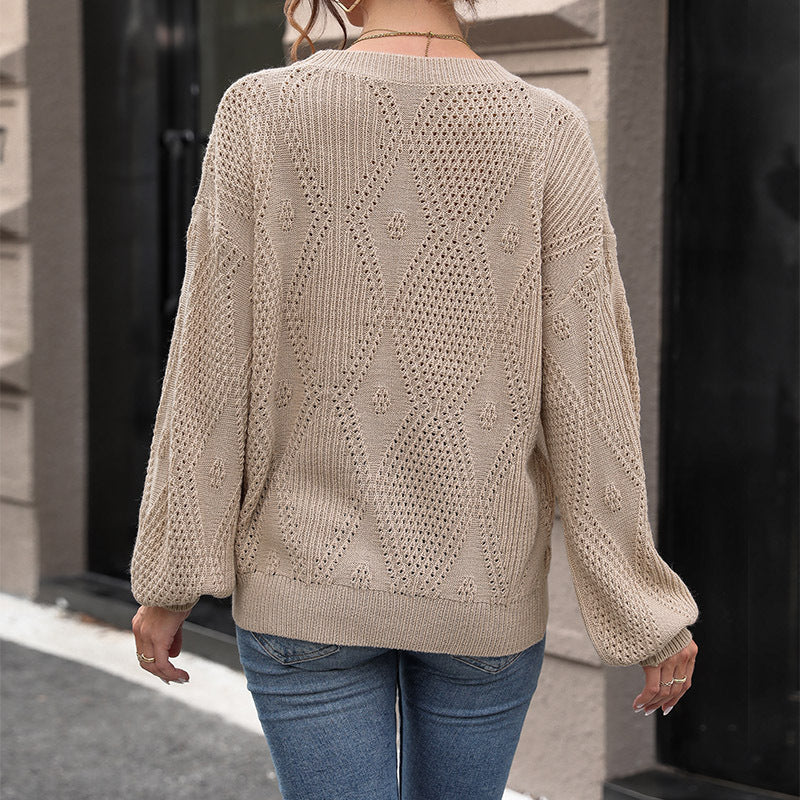 Damen Strukturierter Ajour-Strickpullover mit Rauten‑Muster und Ballonärmeln Echoarchiv