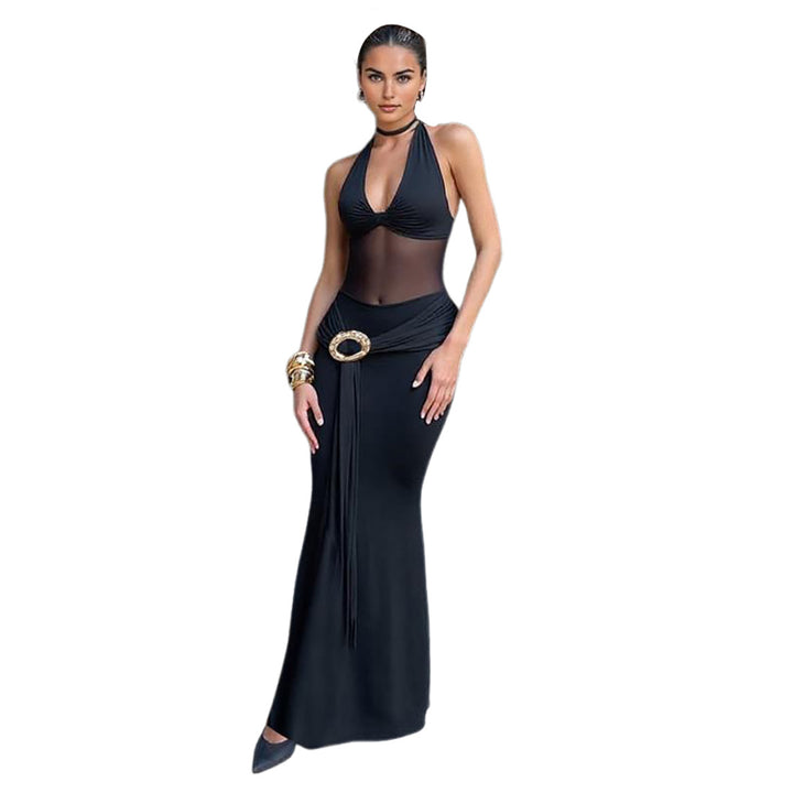 Damen Maxikleid mit durchscheinendem Oberteil und dekorativem Gürtel Echo Archiv