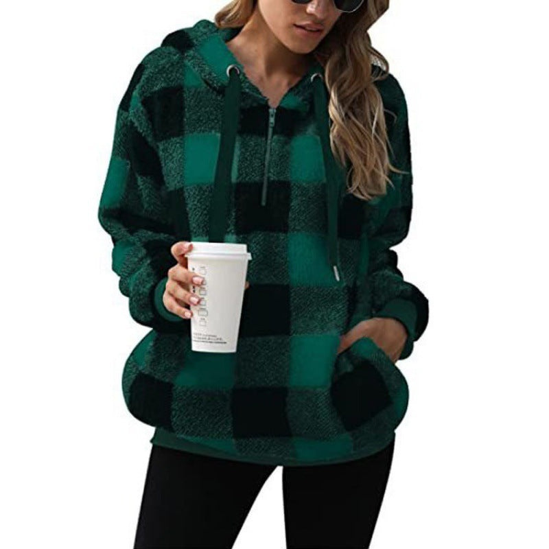 Damen Oversized Sherpa-Hoodie im Karomuster mit halbem Reißverschluss und Kängurutasche Echo Archiv