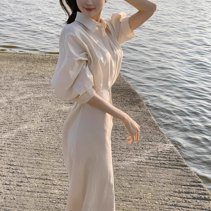 Damen Hemdblusenkleid aus Leinenoptik mit Tunnelzugtaillenband und krempelbaren 3/4-Ärmeln – Élara