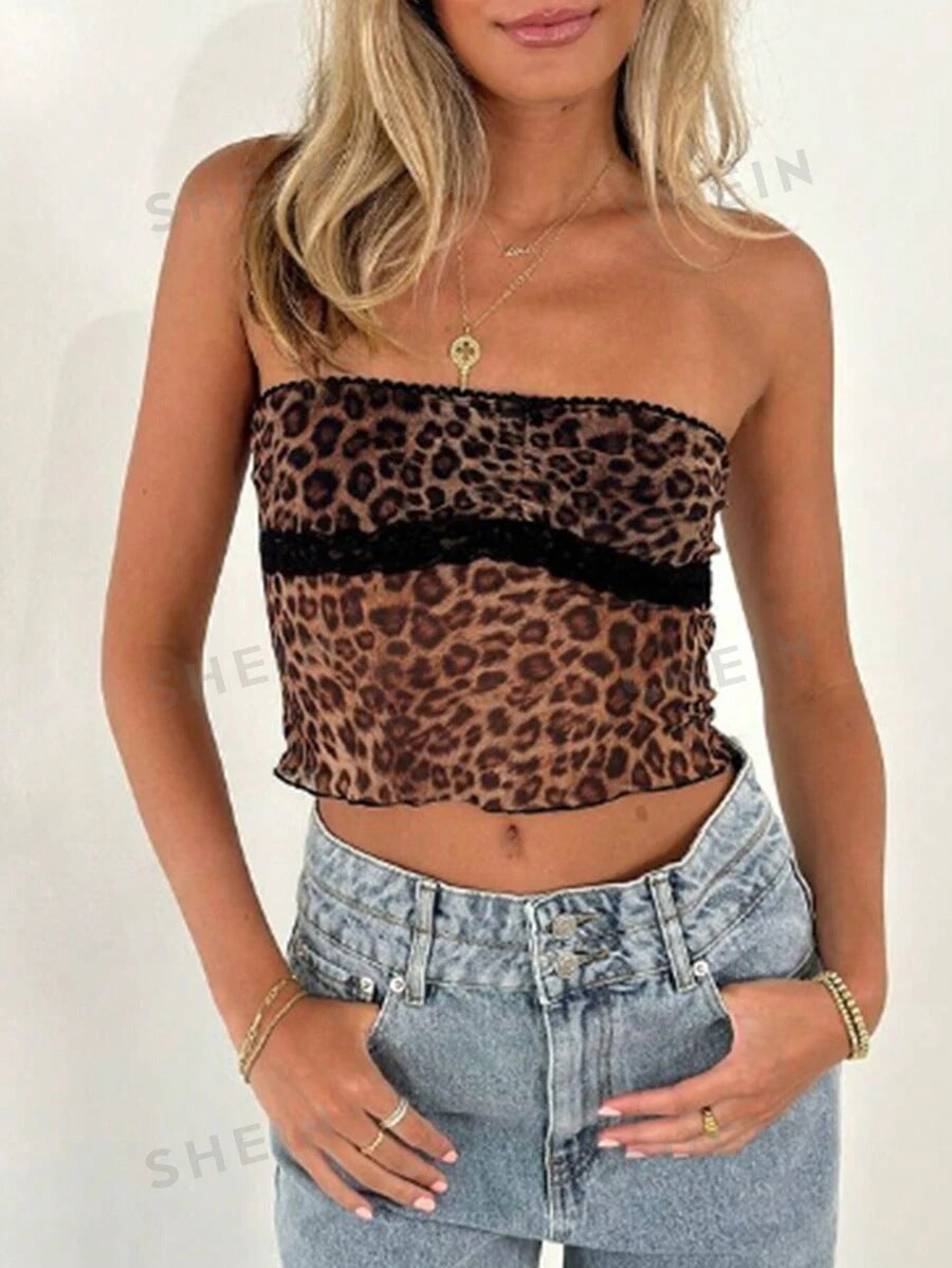 Damen Bandeau-Top mit trendigem Leopardenmuster und zarter Spitzenkante Echo Archiv