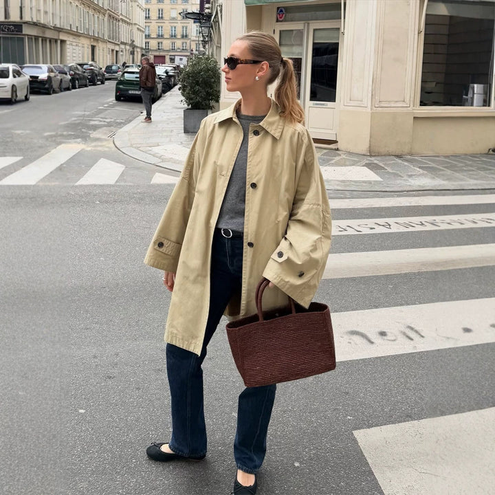 Damen Oversize Baumwoll-Mix Trenchcoat mit mittellangem, geradem Schnitt Echoarchiv