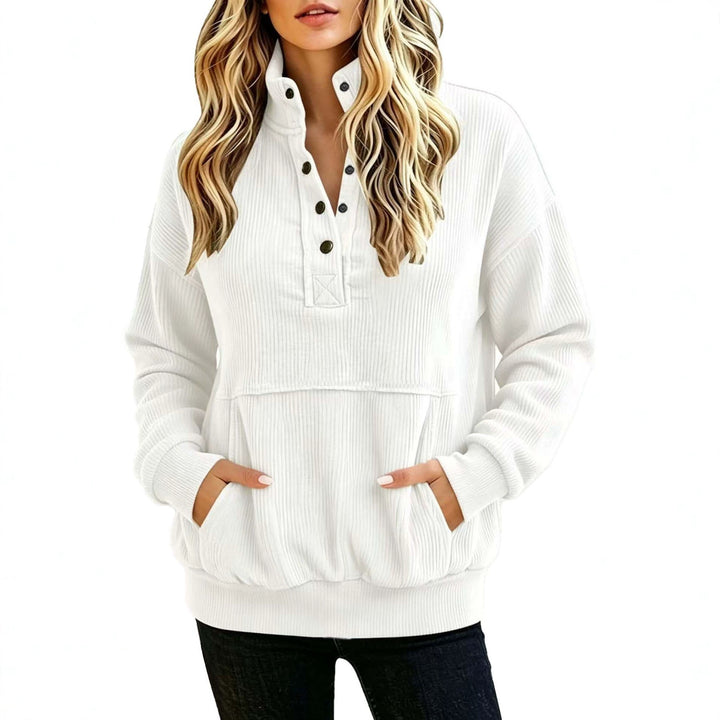 Damen gerippter Henley-Pullover mit Stehkragen und Kängurutasche Echoarchiv