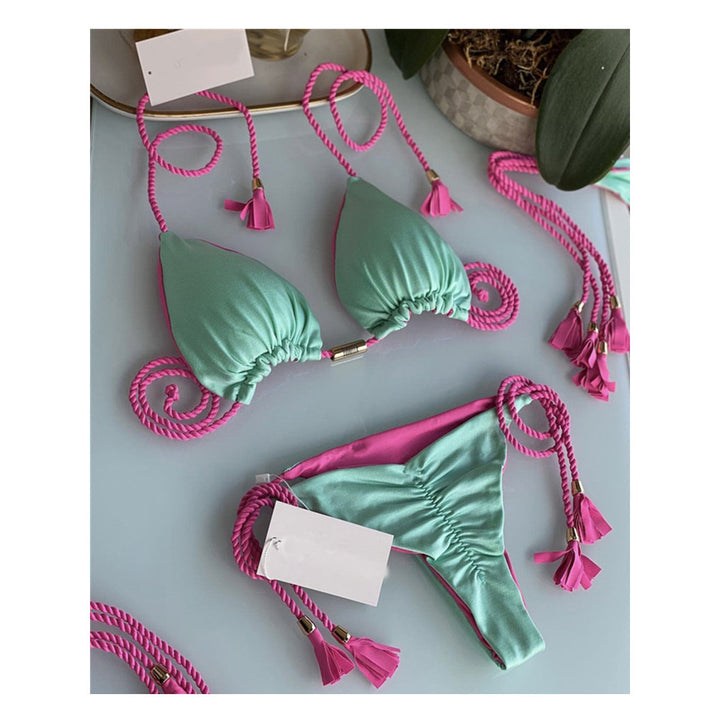 Damen Triangel-Bikini mit modischem Leopardenmuster und dekorativen Quasten Echo Archiv