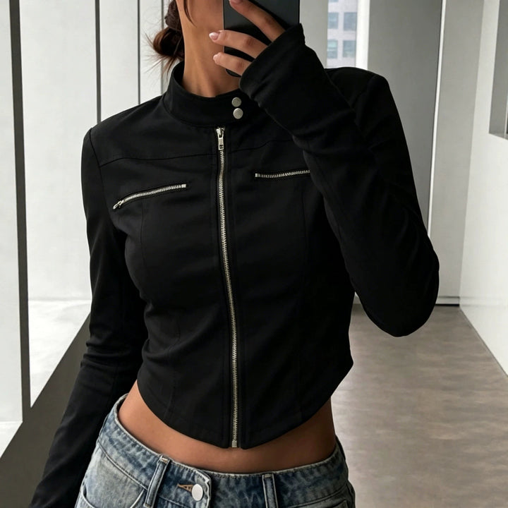 Damen Taillierte Bonded-Canvas-Bikerjacke mit Stehkragen und Brust-Reißverschlüssen Echoarchiv