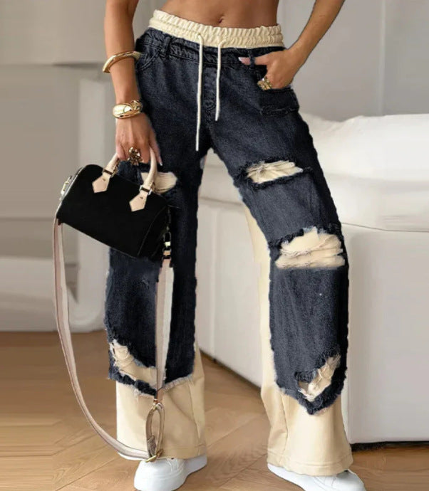 Damen nan zweilagige Jeans mit aufgesetzten Jeanspaneelen elastischem Tunnelzugbund weitem Bein und vintageähnlichen Rissen Echo Archiv