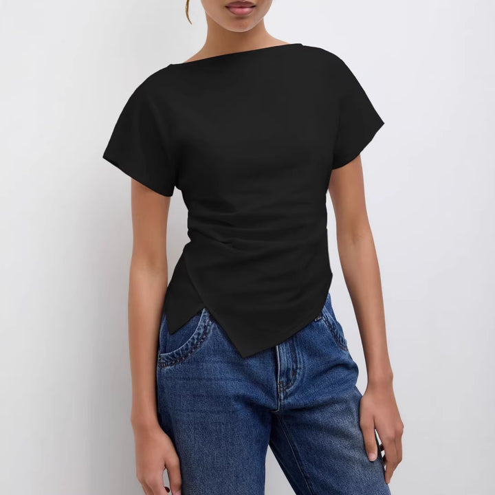 Damen Cropped T-Shirt mit asymmetrischem Schnitt und dekorativem Drapierungseffekt Echo Archiv