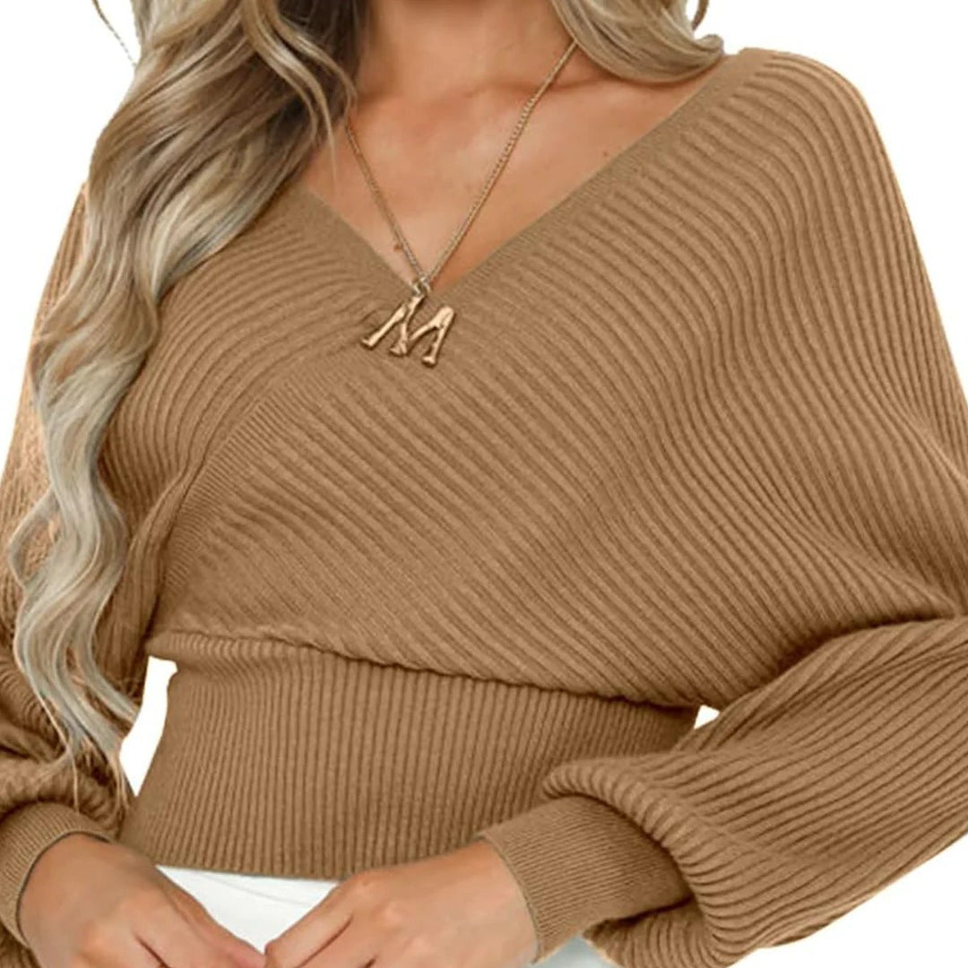 Damen nan gestrickter Off-Shoulder Cropped-Pullover mit Wickeloptik und Ballonärmeln Echo Archiv