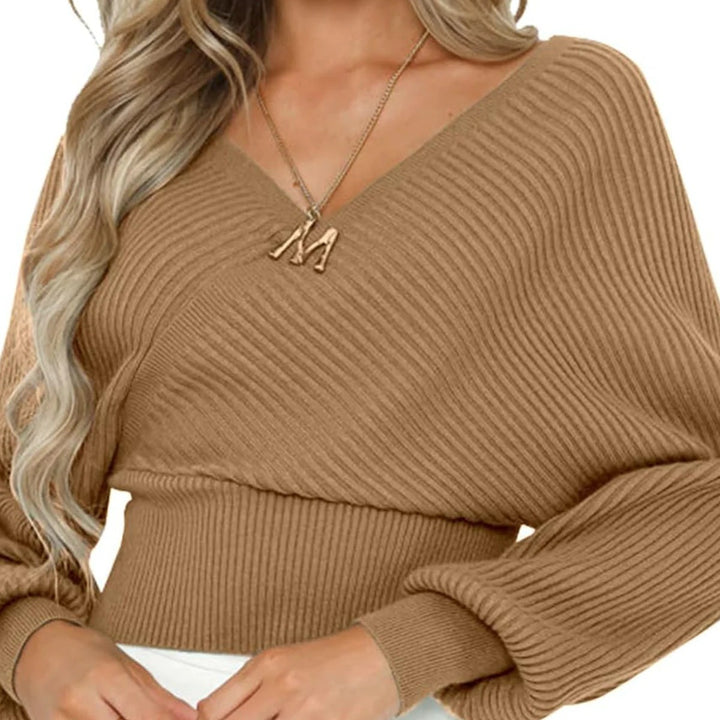 Damen nan gestrickter Off-Shoulder Cropped-Pullover mit Wickeloptik und Ballonärmeln Echo Archiv
