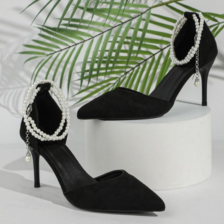 Damen Elegante spitz zulaufende Pumps mit Perlen-Knöchelriemen und schmalem Stiletto – Lioré
