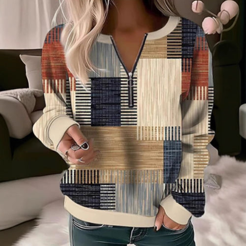 Damen nan gemütlicher Pullover mit kurzem Reißverschluss, grafischem Patchworkmuster, verlängerten Ärmelbündchen und geripptem Saum Echo Archiv