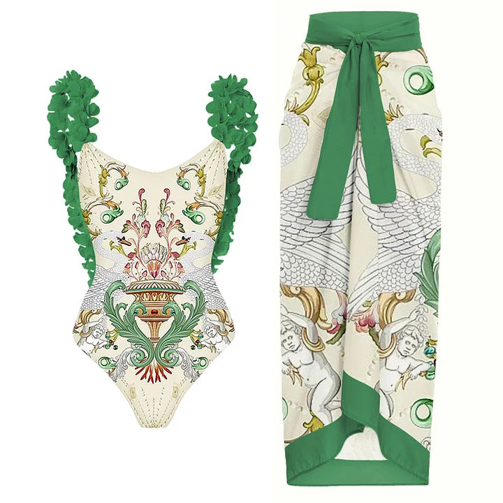 Damen Badeanzug-Set mit floraler Rüschendekoration und elegantem Maxirock Echo Archiv