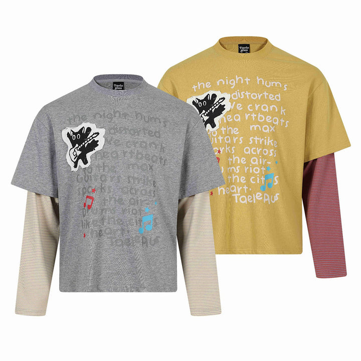 Unisex Lagenlook-Longsleeve-T-Shirt mit aufgesetztem Kurzarm-Layer und Grafikprint Echoarchiv