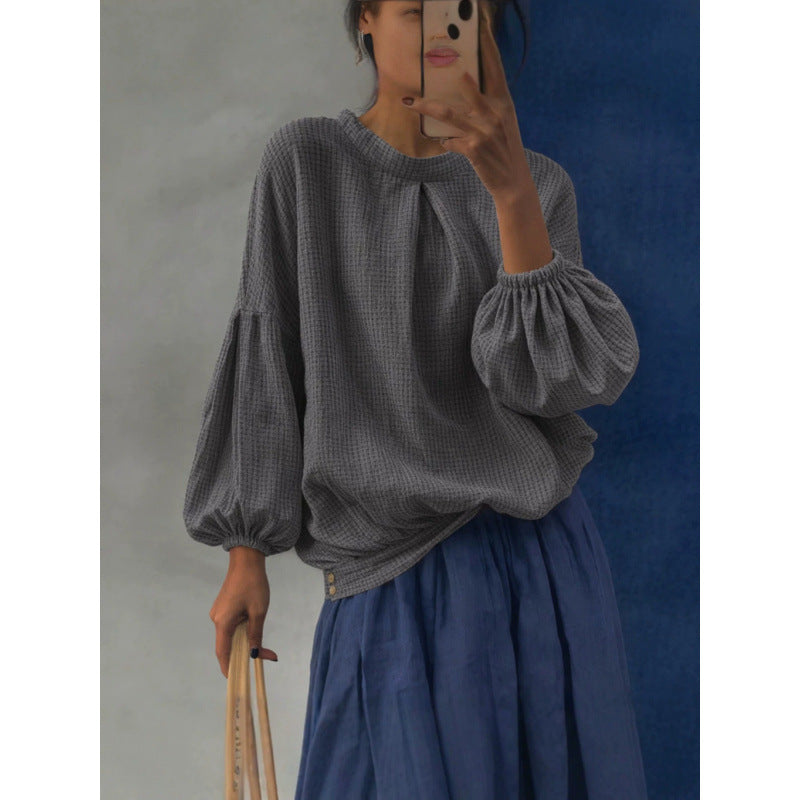 Damen Oversize Waffelstrickpullover mit Ballonärmeln und Kellerfalte Echoarchiv