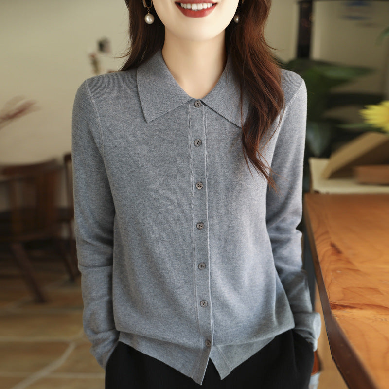 Damen Leichter Feinstrick-Cardigan mit Polokragen und durchgehender Knopfleiste Echoarchiv