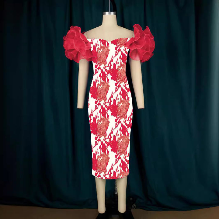 Damen Elegantes Midi-Kleid mit innovativen Puffärmeln und kunstvollem Druck Echo Archiv