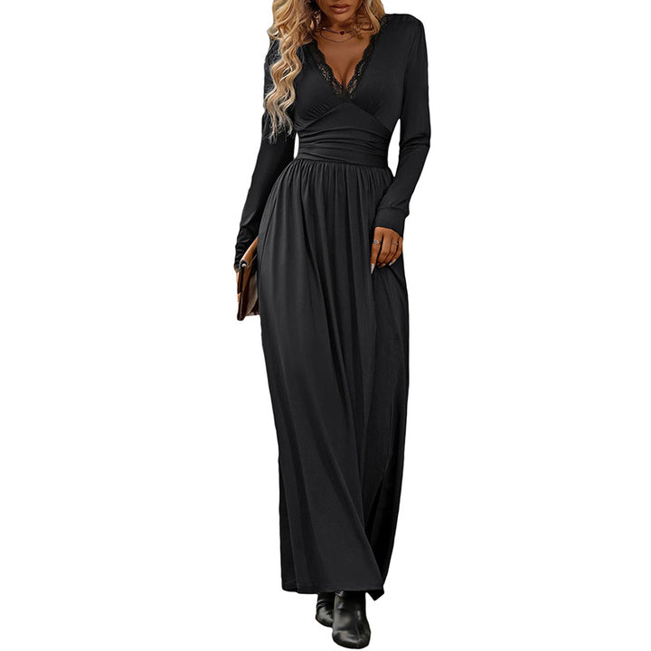 Damen Maxikleid mit V-Ausschnitt und Spitzenbesatz, tailliertem Wickeloberteil, langen Ärmeln und hohem Beinschlitz – Valéora
