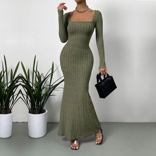 Damen geripptes Sculpting-Maxikleid mit Quadratausschnitt und taillierter Meerjungfrauen‑Silhouette – Valéora