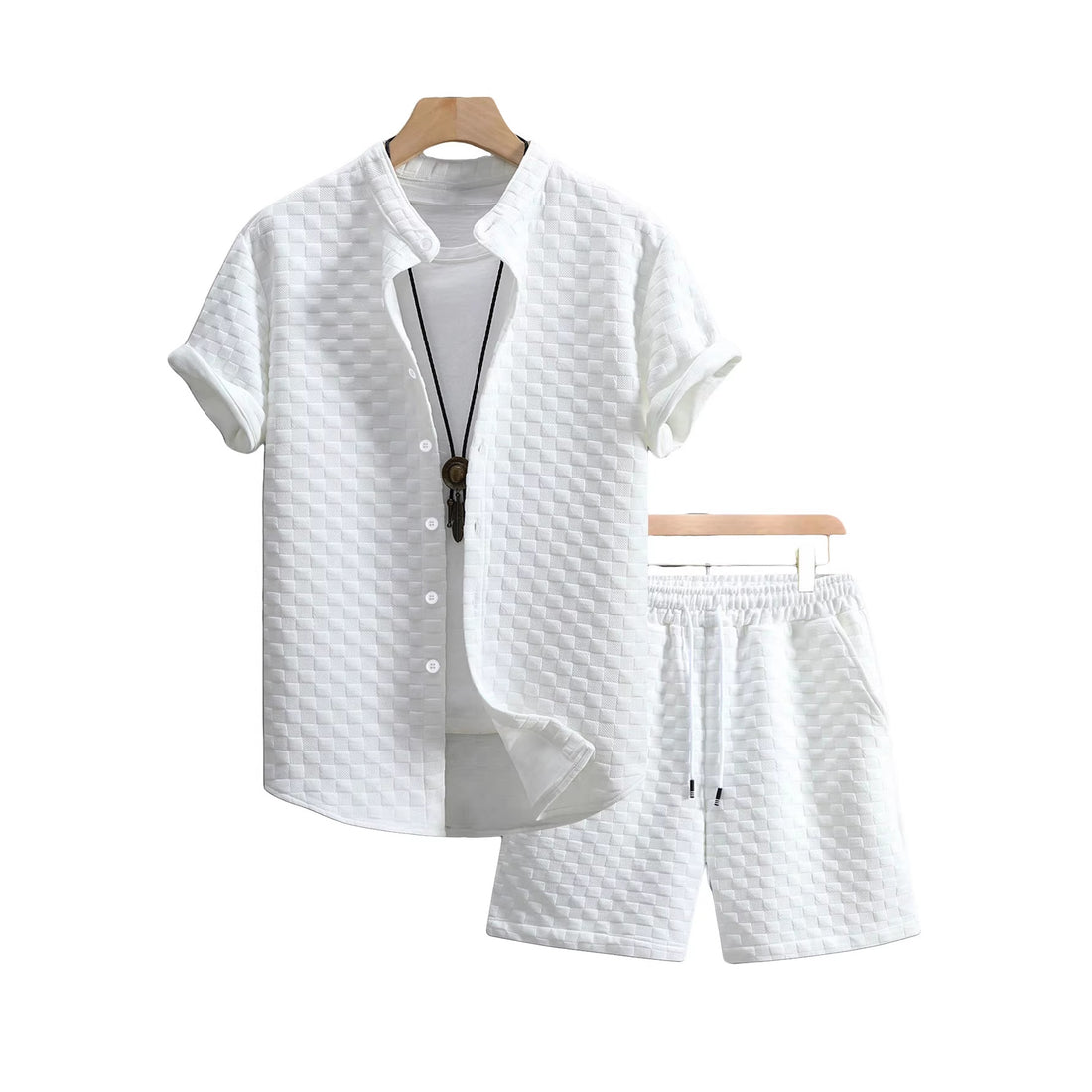 Herren zweiteiliges Sommerensemble mit Stehkragen-Hemdjacke und elastischen Komfort-Shorts in geprägter Karo-Textur – Averon