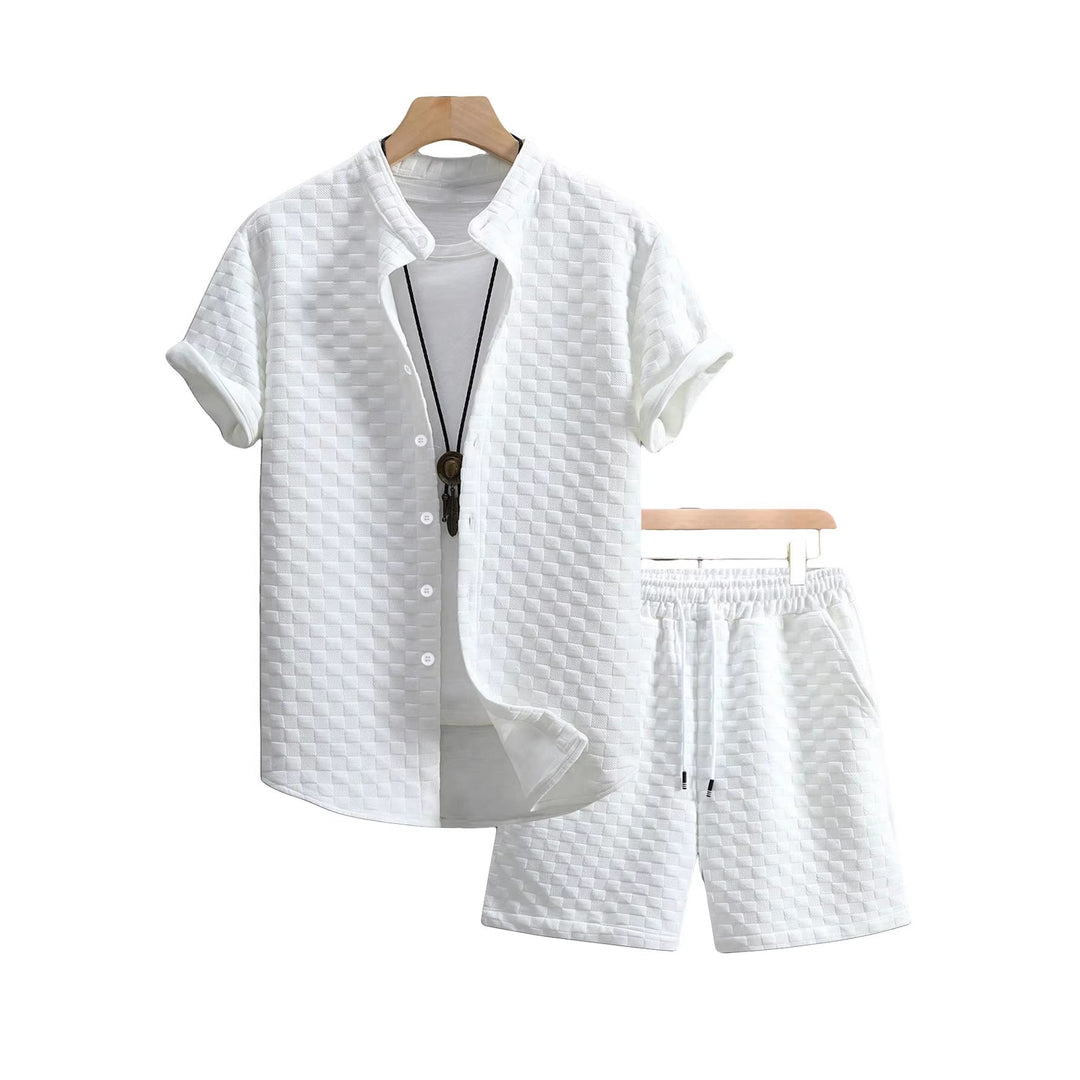 Herren nan zweiteiliges Sommerensemble mit Stehkragen-Hemdjacke und elastischen Komfort-Shorts in geprägter Karo-Textur Echoarchiv