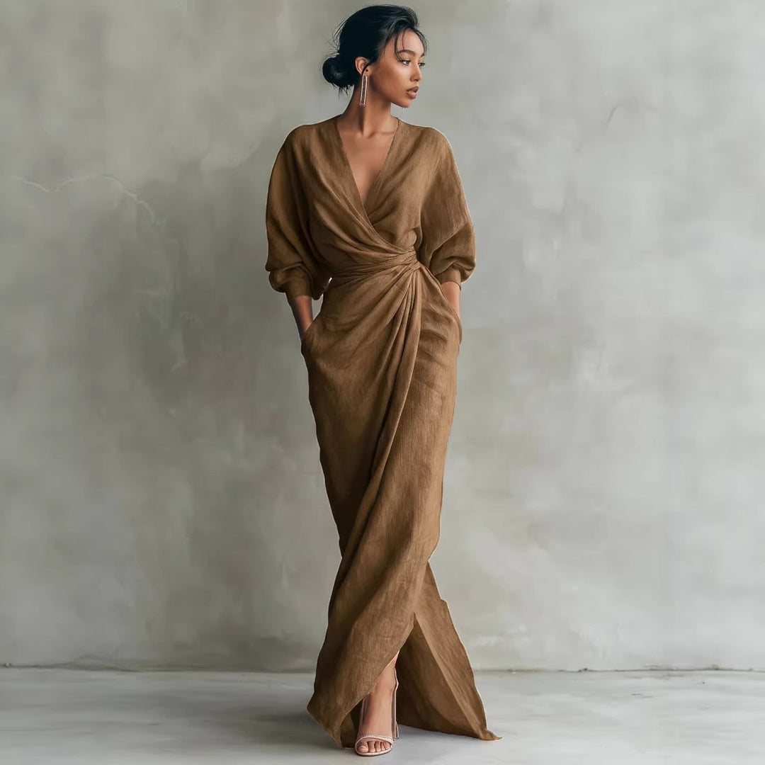Damen Wickel-Maxikleid aus Leinenmix mit tiefem V-Ausschnitt und Ballonärmeln Echoarchiv