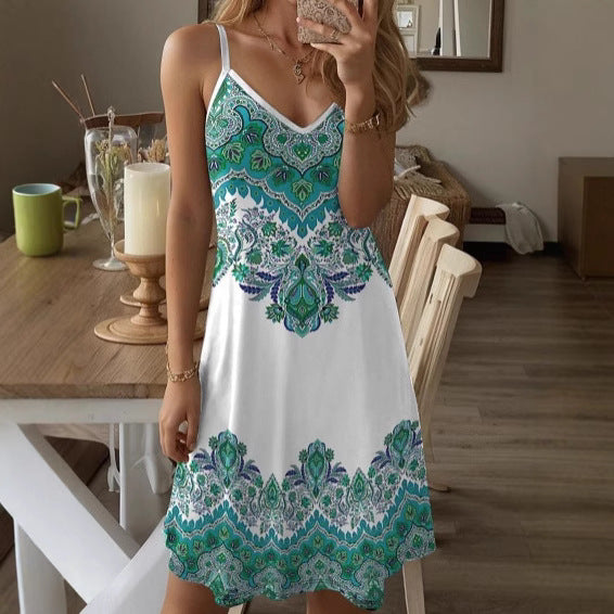 Damen Spaghetti-Träger Kleid mit stilvollem Paisleymuster und A-Linien Schnitt Echo Archiv