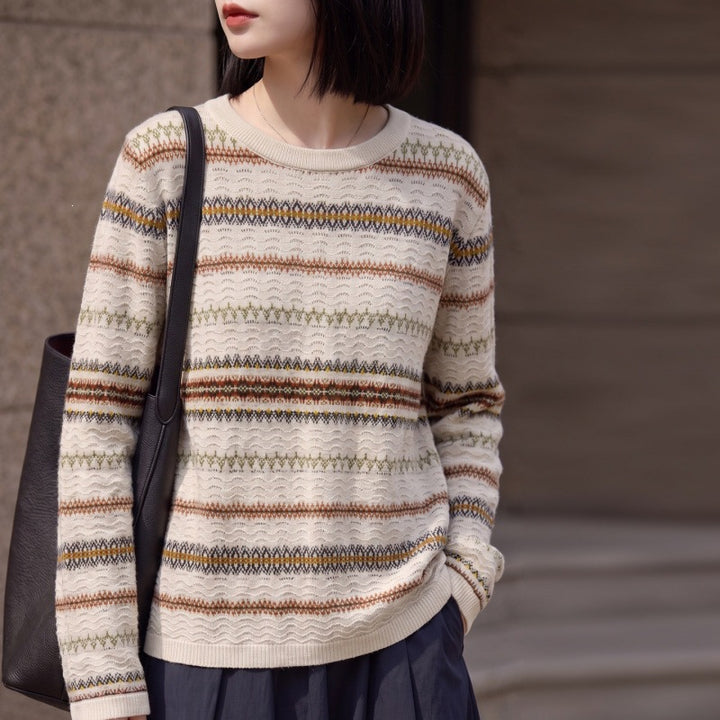 Damen Leichter Fair‑Isle Feinstrickpullover mit Rundhalsausschnitt und feiner Streifenstruktur Echoarchiv
