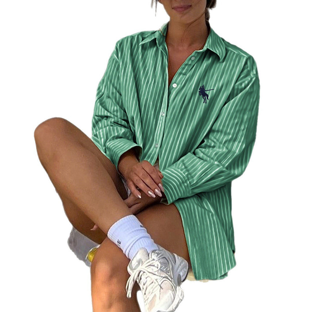 Damen oversized gestreifte Hemdbluse mit verlängertem Rückteil und extraweiten Manschetten – Maréline