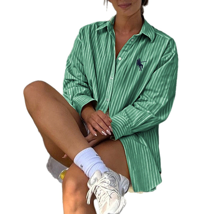 Damen oversized gestreifte Hemdbluse mit verlängertem Rückteil und extraweiten Manschetten – Maréline