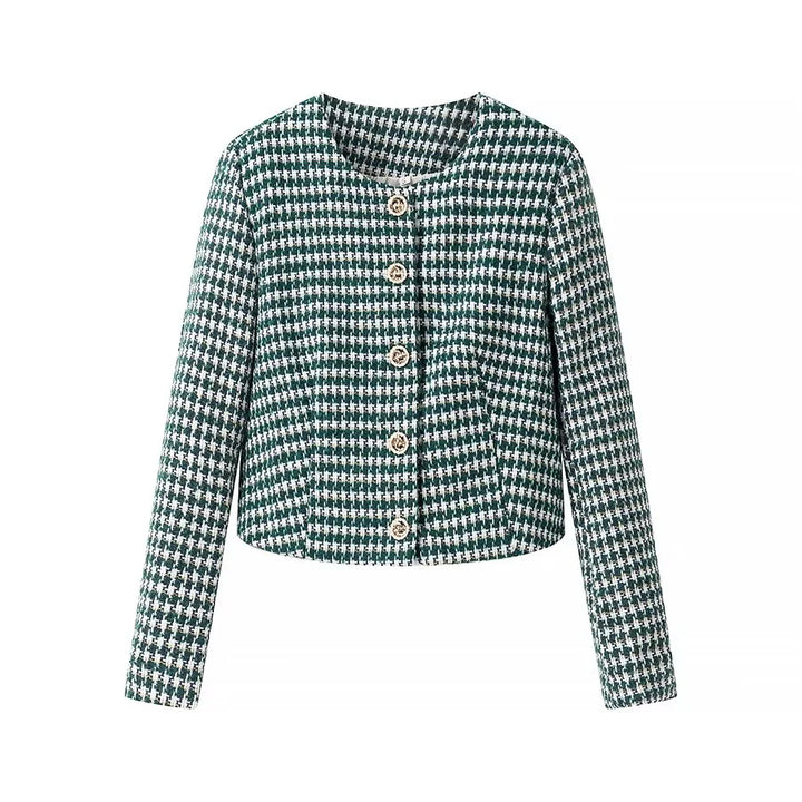 Damen kurzer Bouclé-Blazer im Cropped‑Stil mit Hahnentrittmuster, Rundhalsausschnitt und Zierknöpfen – Célinea