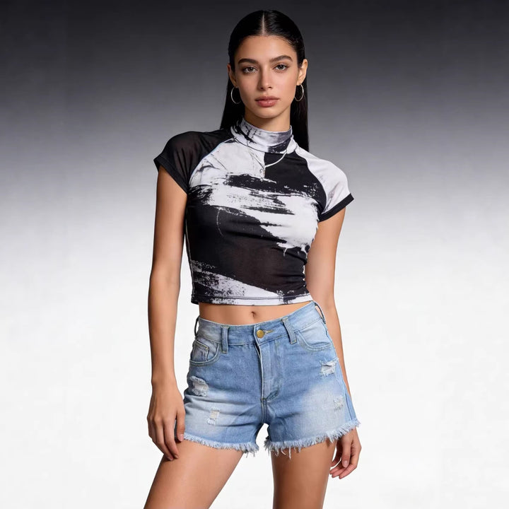 Damen Crop Top und High-Waist Jeans-Shorts Echo Archiv