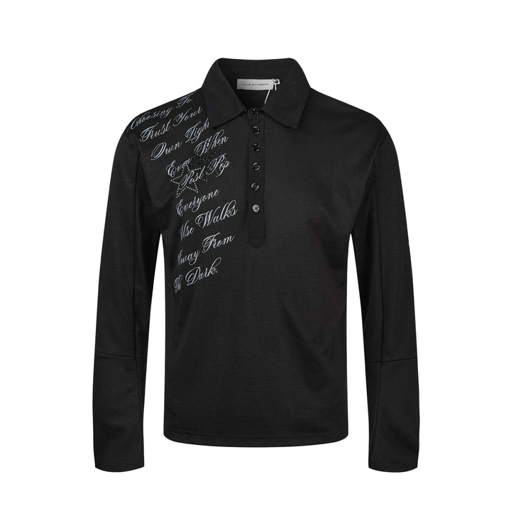 Damen Poloshirt-Langarmshirt mit Hemdkragen, Schriftprint und Strass-Applikation Echoarchiv