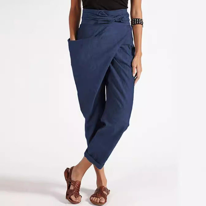 Damen nan Wickelhose aus Leinenmix mit hohem Taillenbund, überlappender Vorderseite und großzügiger Eingrifftasche Echo Archiv