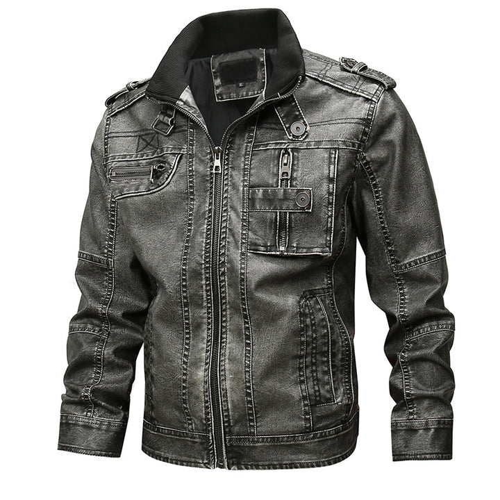Herren Lässige Kunstleder-Bikerjacke mit Stehkragen, Reißverschluss-Front und Utility-Taschen Echoarchiv