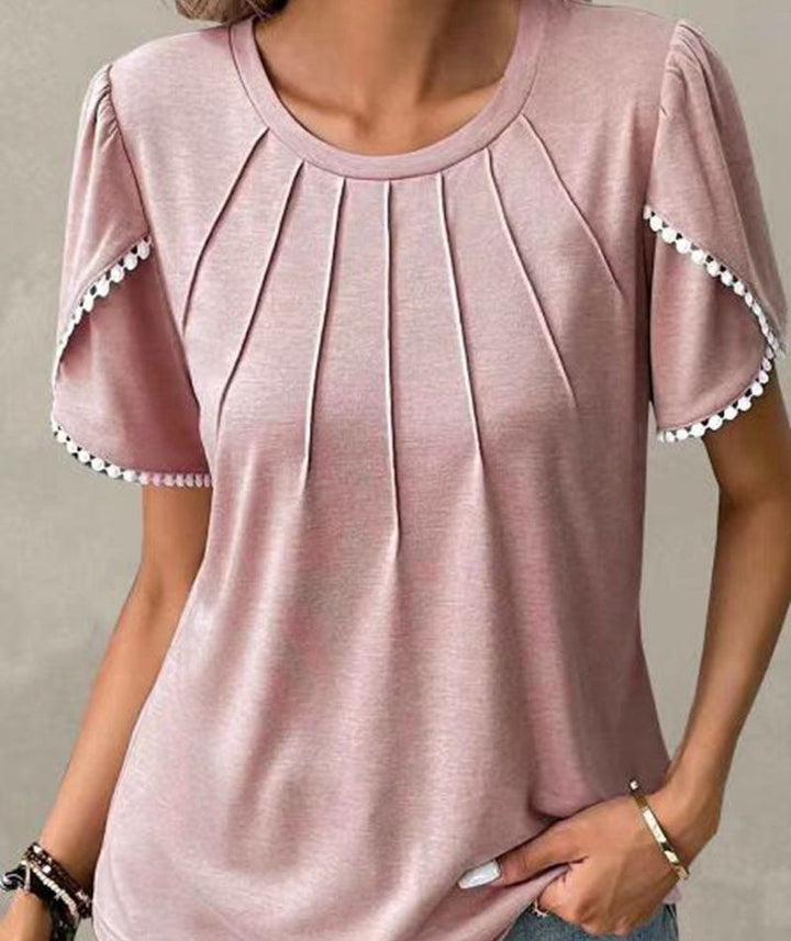 Damen nan Rundhals-Shirt mit dekorativer Kellerfalten-Front, Flatterärmeln und Pompon-Borte Echo Archiv