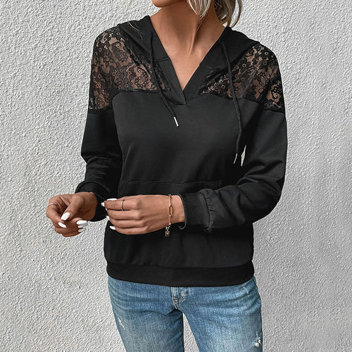 Damen Hoodie mit V-Ausschnitt, Spitzen-Schulterbesatz und Kängurutasche Echoarchiv