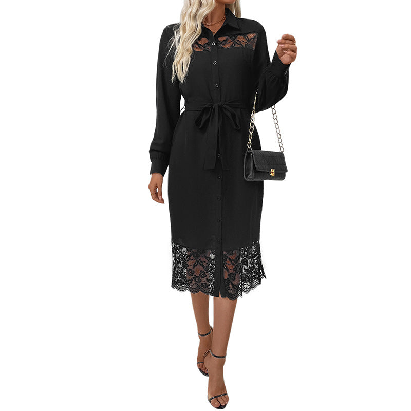Damen Hemdblusenkleid mit Taillengürtel und Spitzeneinsätzen Echoarchiv