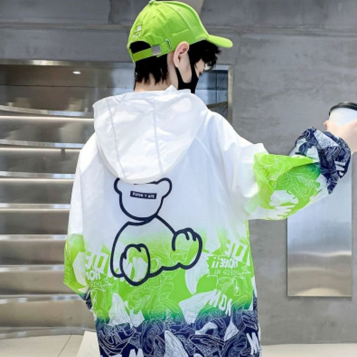 Unisex nan leichte winddichte Kapuzenjacke mit allover Grafikprint und reflektierenden Einsätzen für Kinder  Echo Archiv