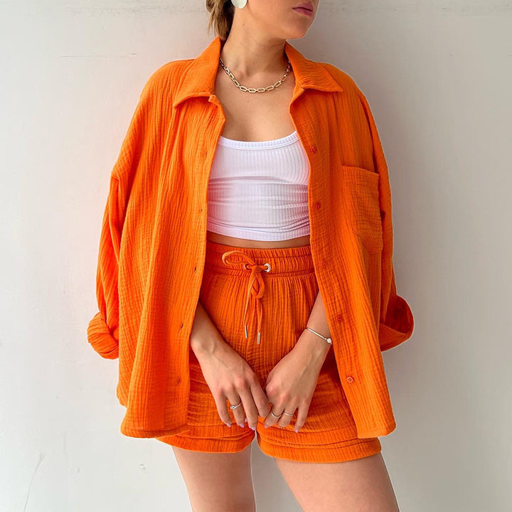 Damen nan lässiges oversized Hemd und Shorts Set mit Brusttasche Kordelbund und gerauter Baumwollstruktur Echo Archiv