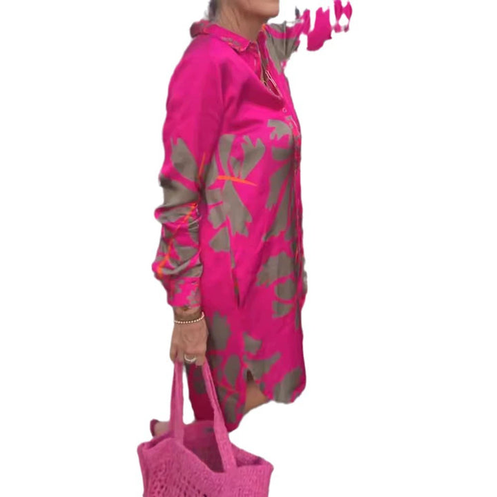 Damen nan kurzes Tunika-Hemdkleid in Satinoptik mit großflächigem Blattprint, Hemdkragen und lockerer A-Linie Echo Archiv