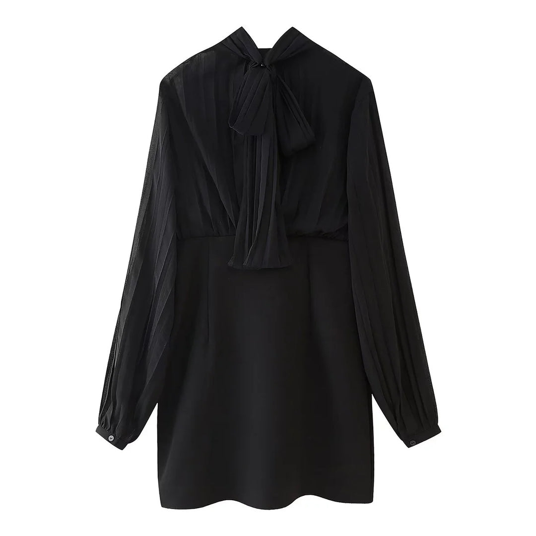 Damen Chiffon-Minikleid mit Schleifenkragen, plissierten Langärmeln und tailliertem Rock – Élara
